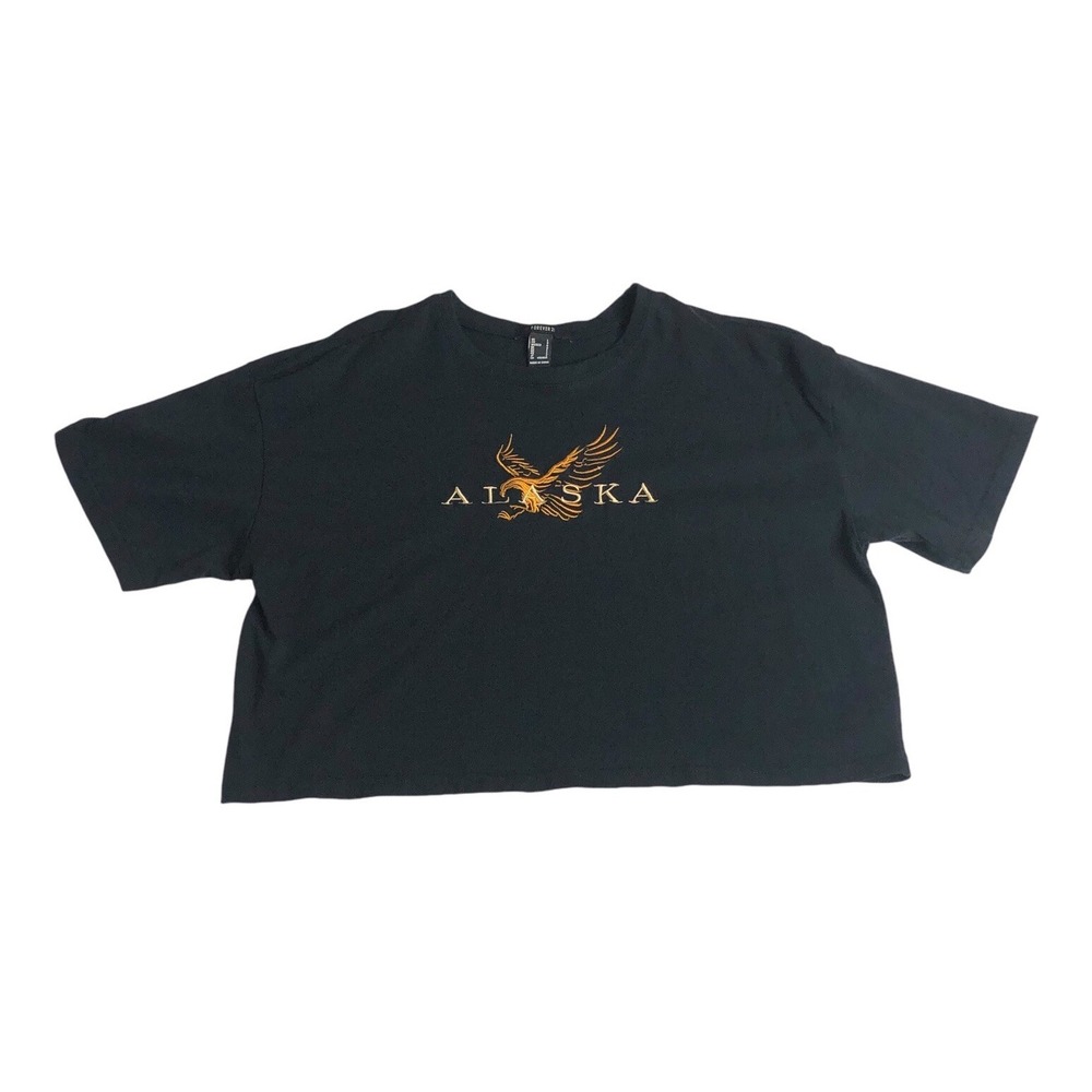 Y2K Forever 21 Alaska Eagle Crop Top‎ Womens Large Black Gold Embroidered Shirt